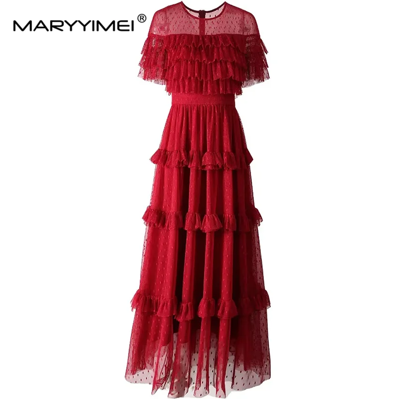 

MARYYIMEI Summer Women's Ball Gown Dress Elegant Butterfly sleeve High waist Mesh Flounced Edge Evening Dresses