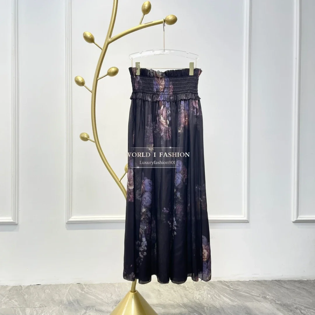 Black Floral Print Long Sleeve Blouse Tops and Midi Skirt Set 2025 New Design