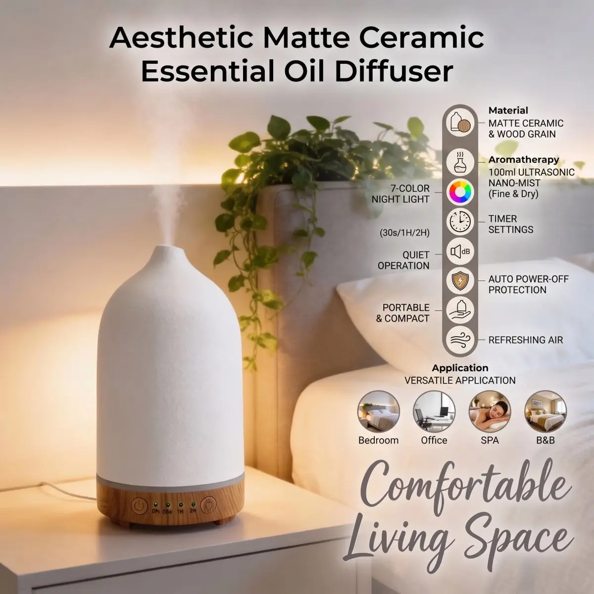 2026 New Upgrade 100ml Ceramic Essential Oil Diffuser For Bedroom Ultrasonic Humidifier Aroma Diffuser With 7 Colors Night Light
