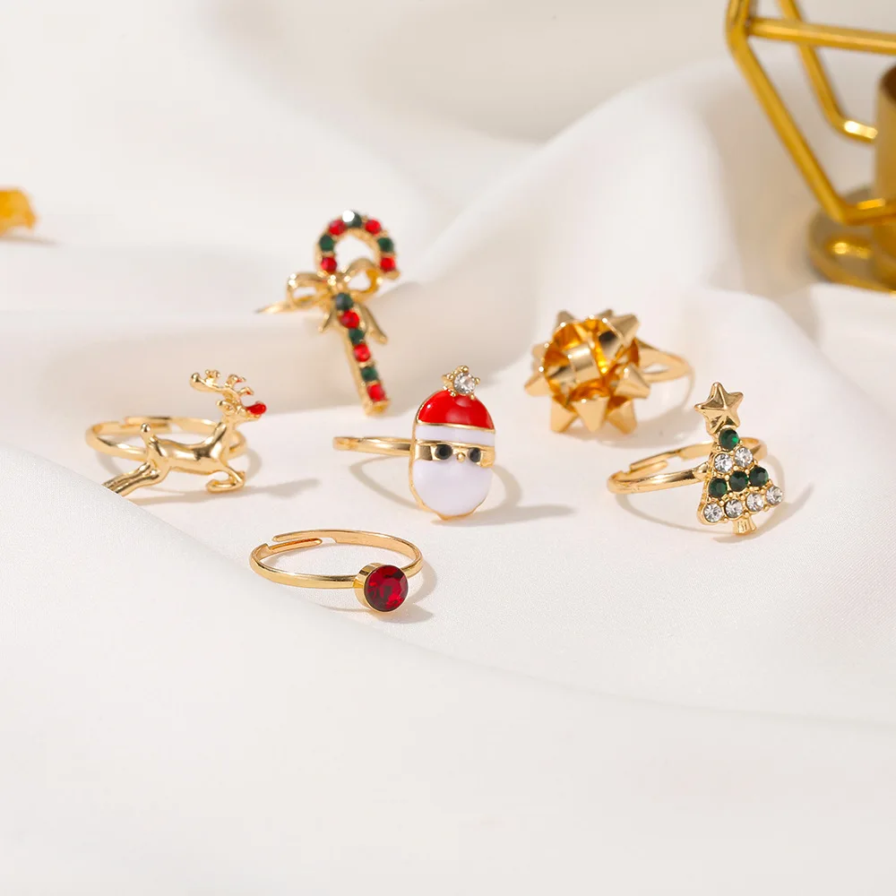 6 Pcs/Set Punk Cute ​Trendy Elk Snowman Santa Claus Geometric Opening Adjustable Rings For Woman Girl Christmas Gifts