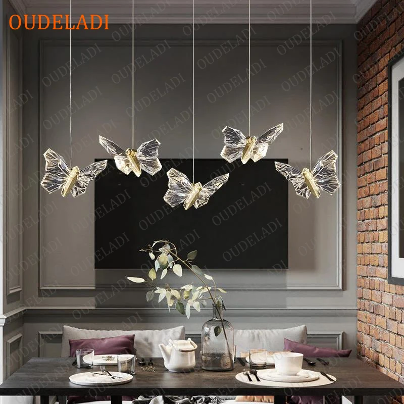 Crystal butterfly pendant lamps indoor home decor LED lighting bedroom bedside hotel lobby stairs Hanging light fixtures