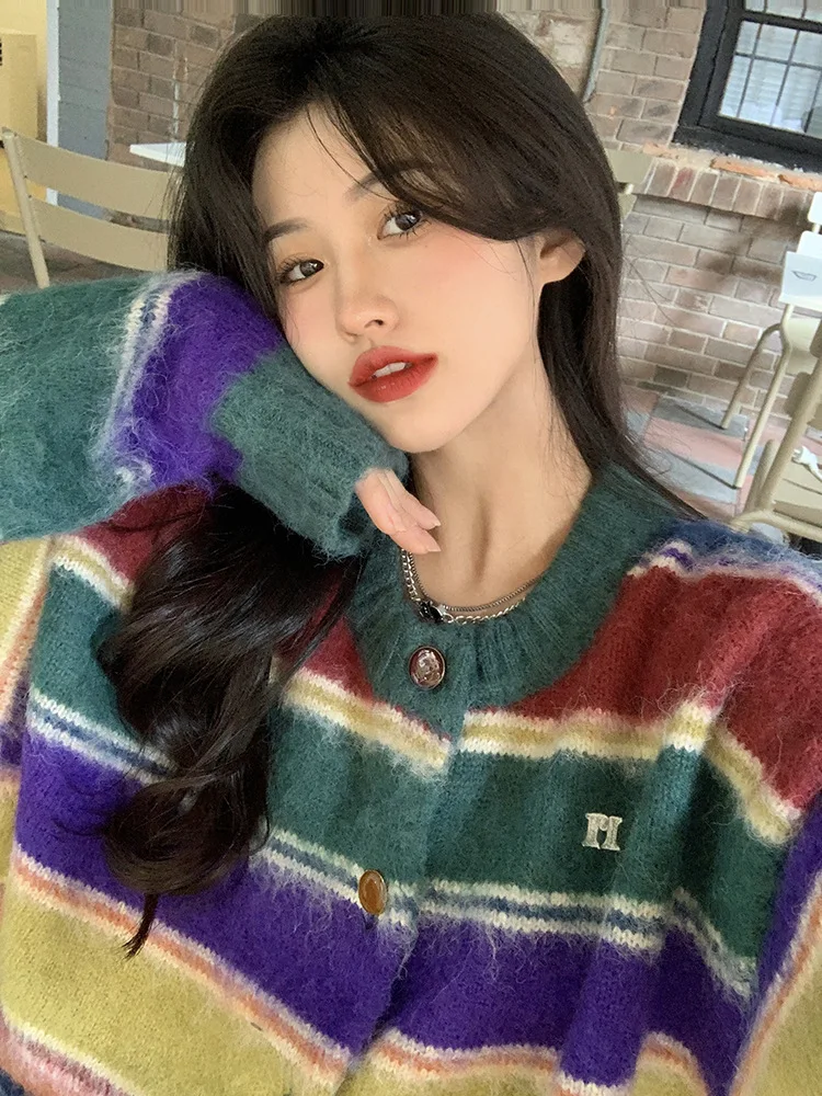 Korobov Rainbow Stripe Cardigan Women Vintage Contrast Color Single-breasted Loose Knitting Top Autumn Winter New In Sweater