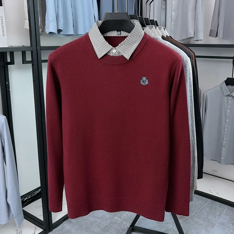 Herbst Herren Einfarbiger O-Ausschnitt Strickpullover mit Stickerei, Zweiteiliges Design, Warme Langarm-Oberteile, Arbeitskleidung für Männer – Detail 8