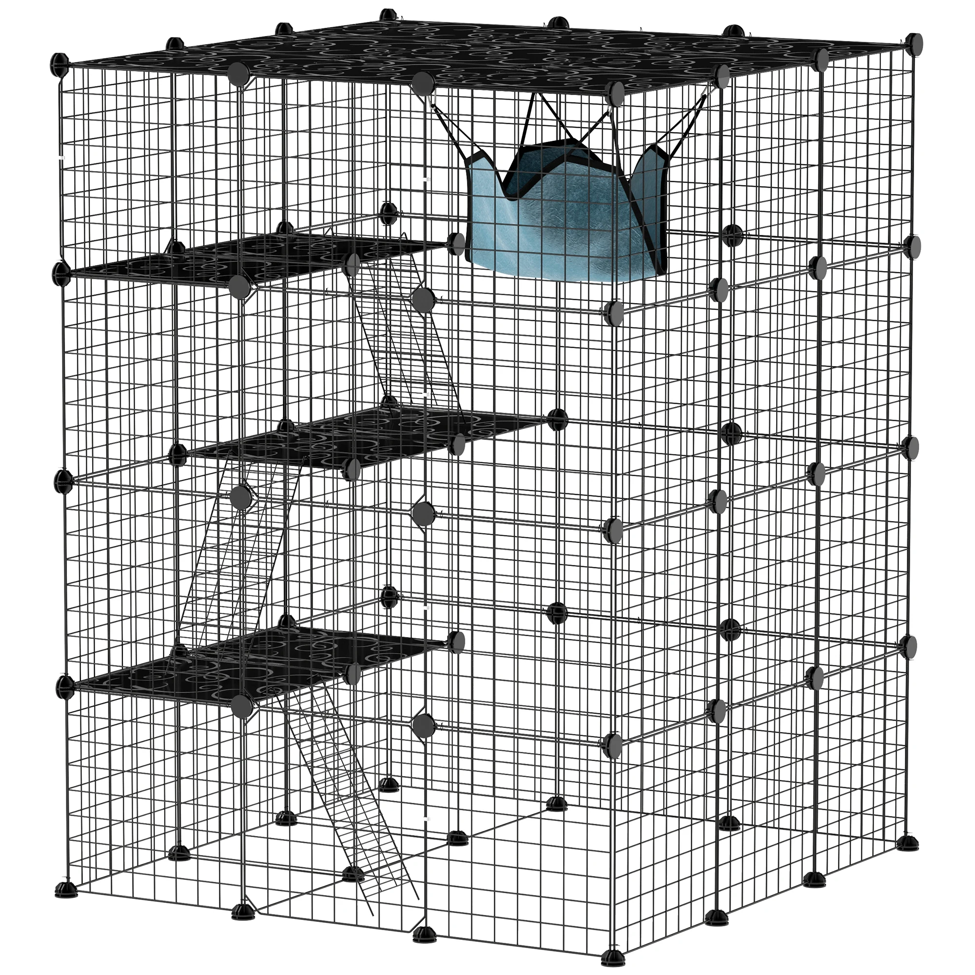Pawhut Grande Cage intérieure pour chat, enceinte pour chat à 4 niveaux avec 5 portes, 3 plates-formes de saut, 3 rampes, hamac, parc pour animaux de compagnie, 105 x 105 x 140 cm, noir