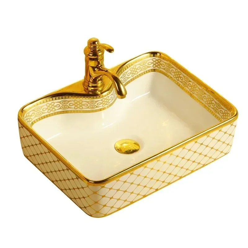 

European-style colored gold washbasin ceramic washbasin artistic basin househol gold rectangular washbasin
