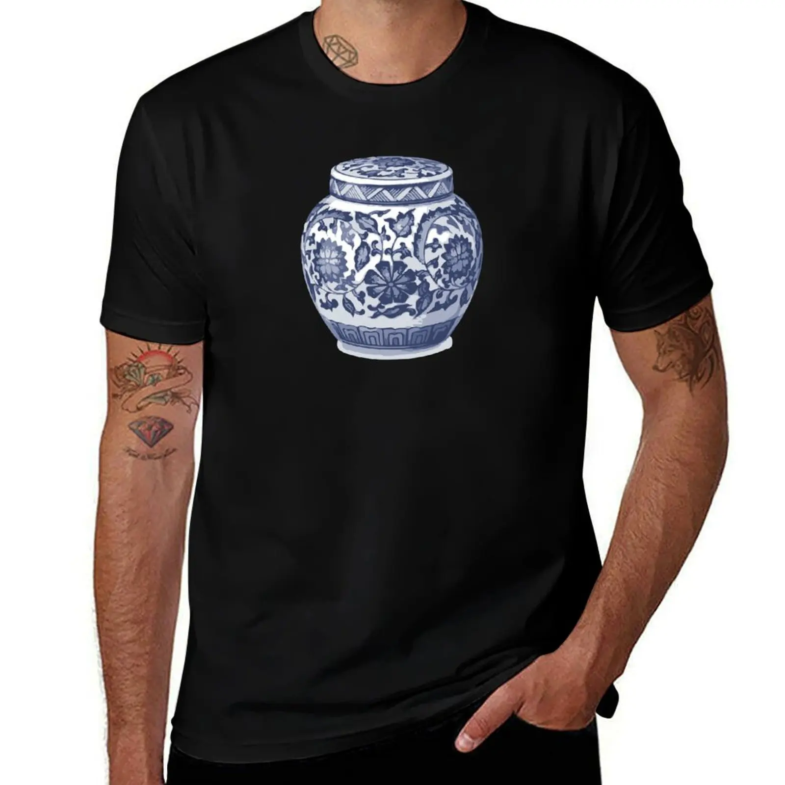 

Indigo Blue White Hamptons Ginger Jar Chinoiserie Vase Art T-Shirt tees customs tee shirts for men