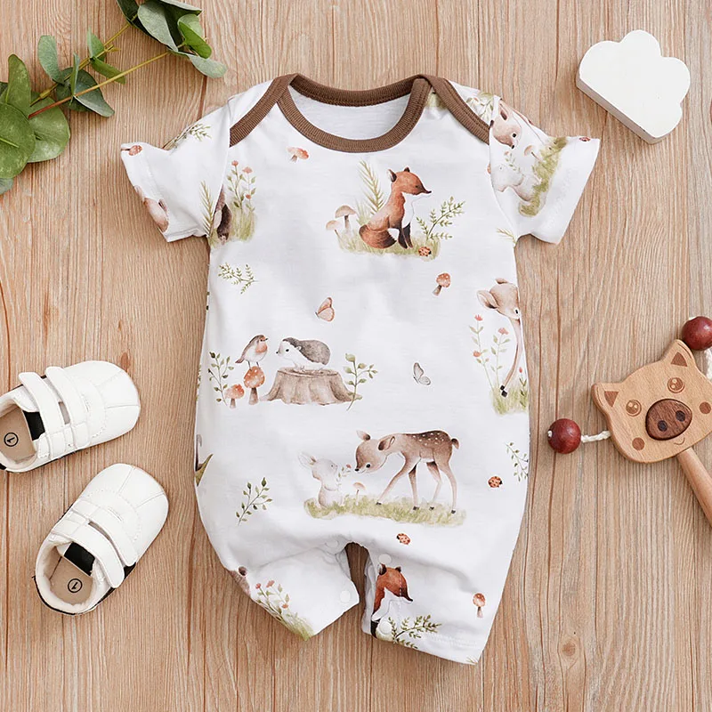 Summer Boys And Girls Cute Cartoon Animal Print Comfortable Casual Short Sleeve Baby Bodysuit