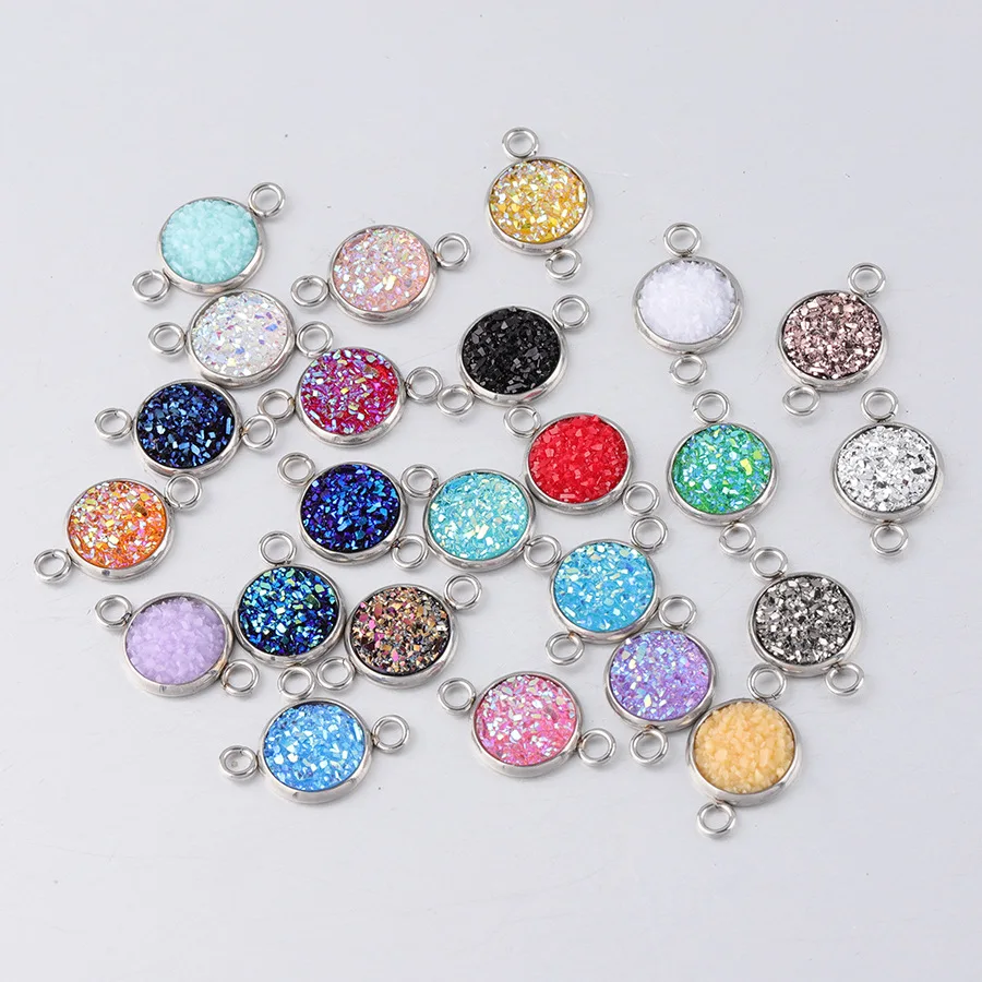 20Pcs/Lot 10mm Stainless Steel Resin Glitter Faux Druzy Charms Connector Colorful DIY Handmade Druzy Crystal Pendant