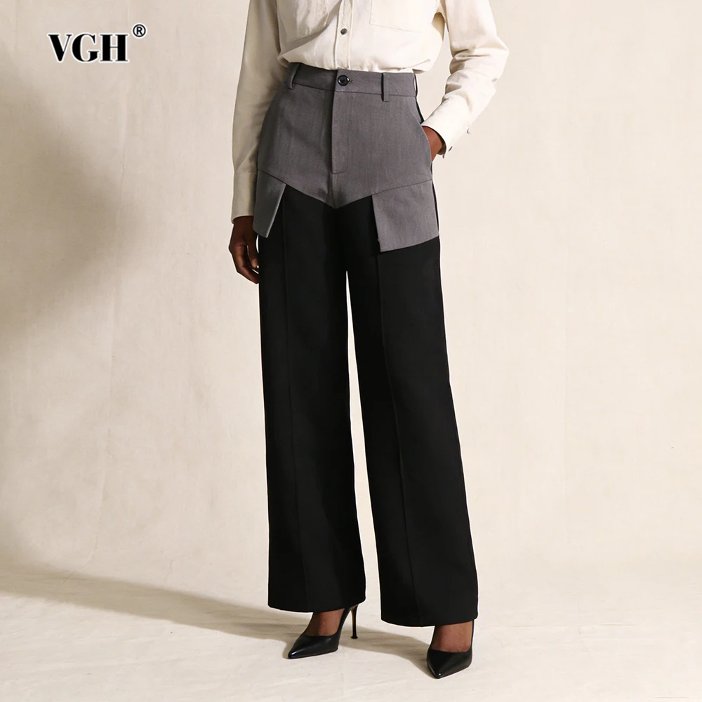 

VGH Temperament Hit Color Slimming Pants For Women High Waist Spliced Pocket Autumn Straight Commute Trousers Female Fashion New