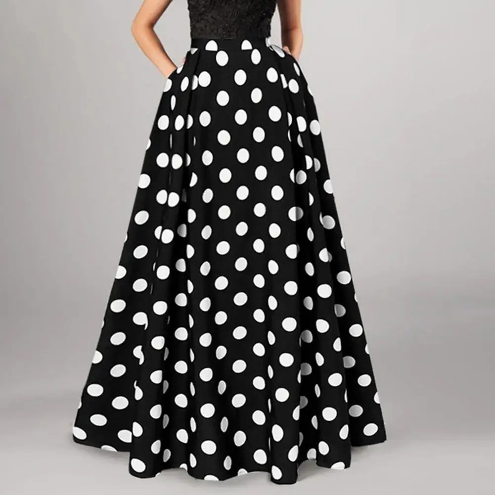 Polka Dot Flared A-line Women Maxi Skirt A-line Pleated Long Skirts Summer Lady Vintage Elastic Waist Dot Print Silhouette Skirt