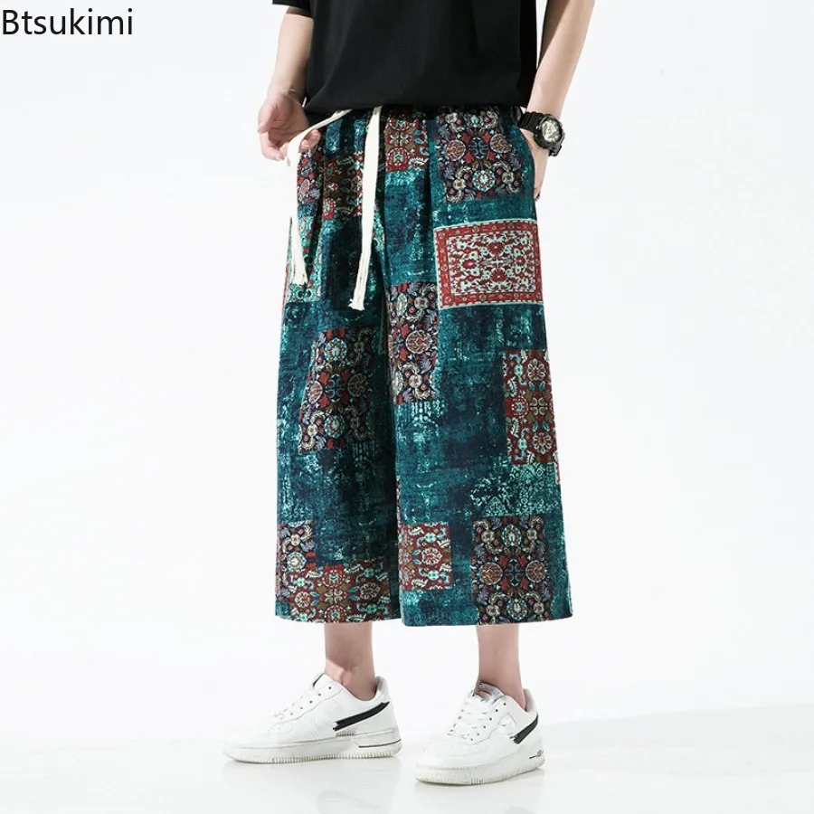 Fashion Men's Loose Casual Wide Leg Pants Streetwear Summer Chinese Style Printing Cotton Linen Drawstring Sweatpant for Men 5XL