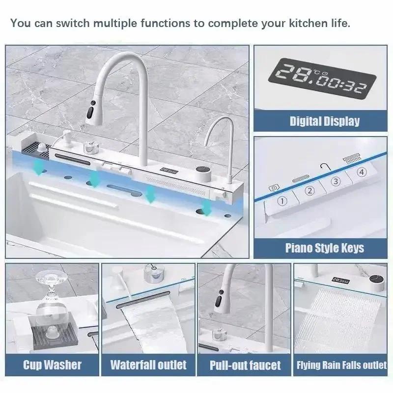 Stainless Steel Wateall Kitchen Sink Large Single Slot Integrated Digital Display Faucet Set Soap Dispenser Cup Washer