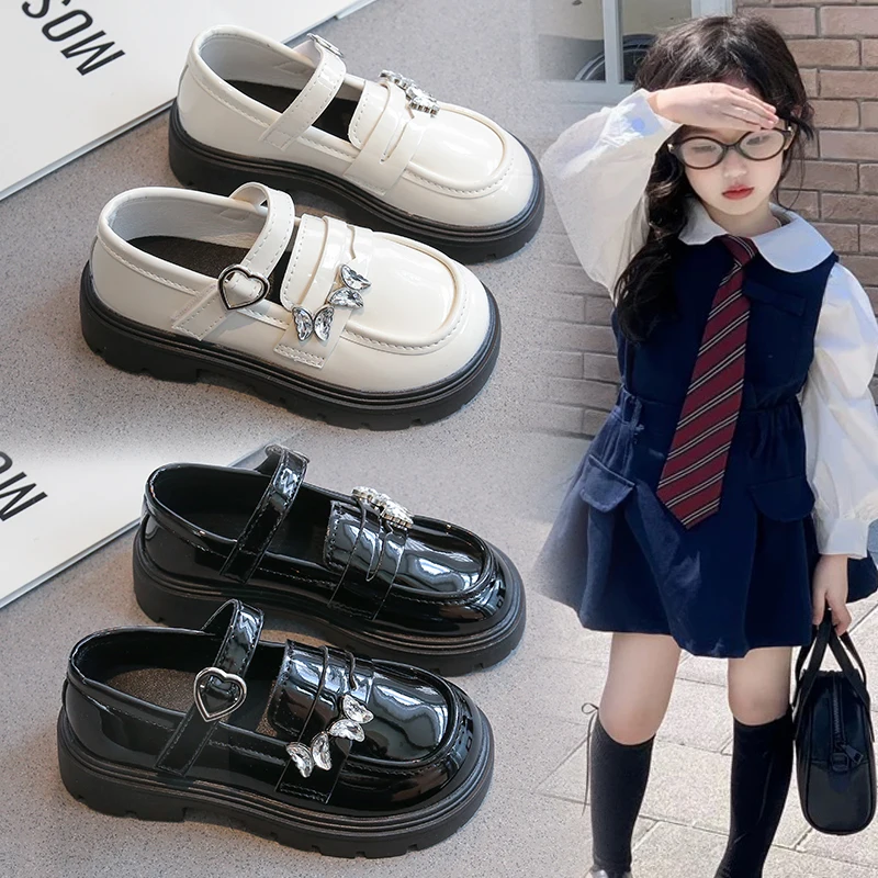 

Girls Princess Leather Shoes Glossy Soft with Crystal Butterfly Rhinestone with Heart Buckle Fashion Kids School Black Flats New