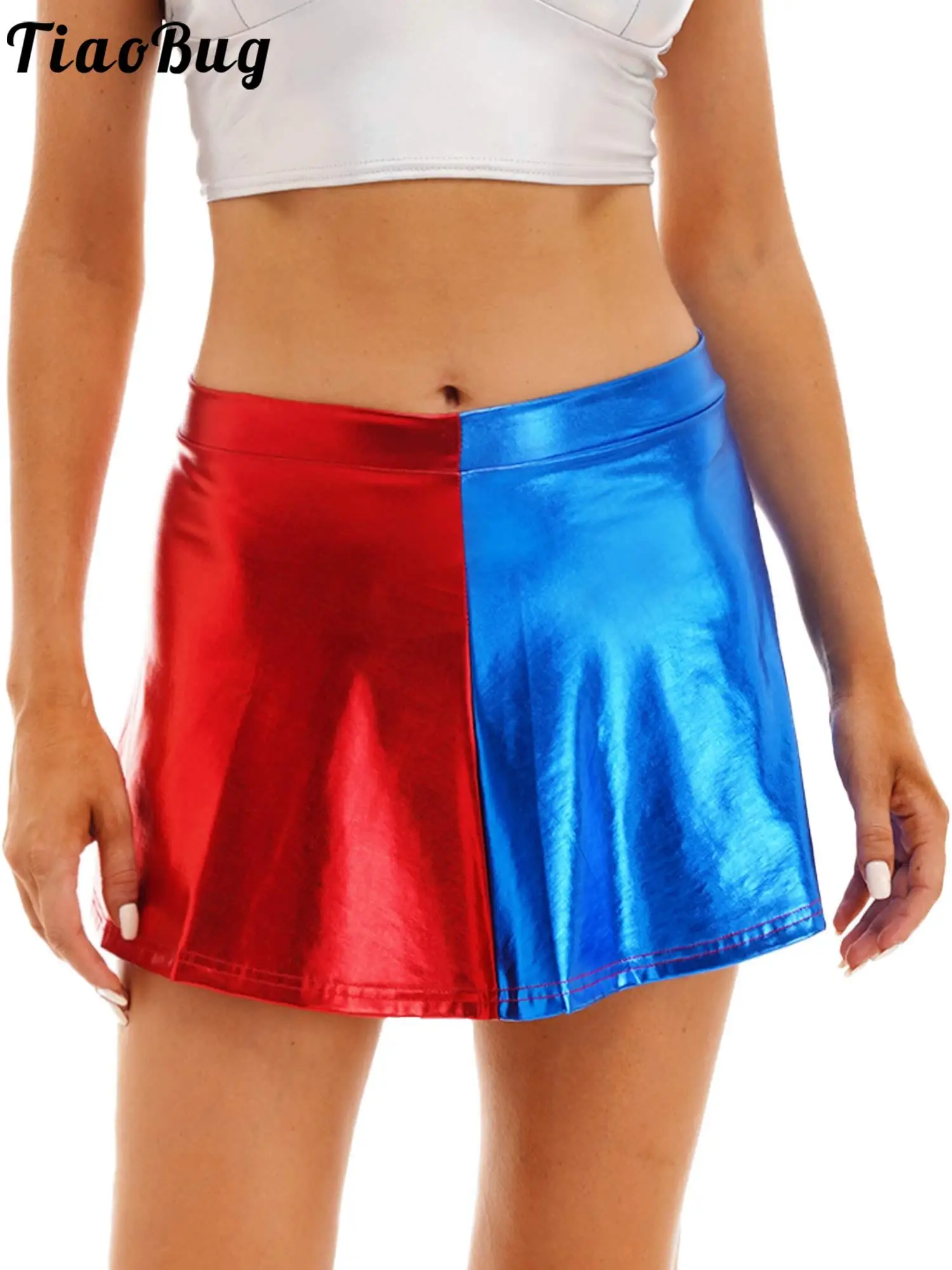 

Womens Dance Skirt Metallic Shiny Color Block Flared Skirt Fashion Ruffled Miniskirt Clubwear Cheerleading Costumes Dancewear