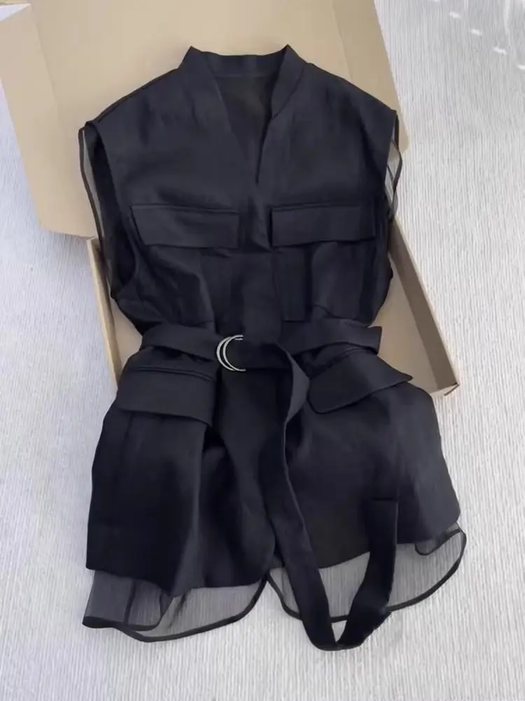 

Korean Summer Black Sleeveless Vest Tops For Women V Neck Slim Waist Mesh Patchwork Shirt Elegant Office Casual Waistcoat