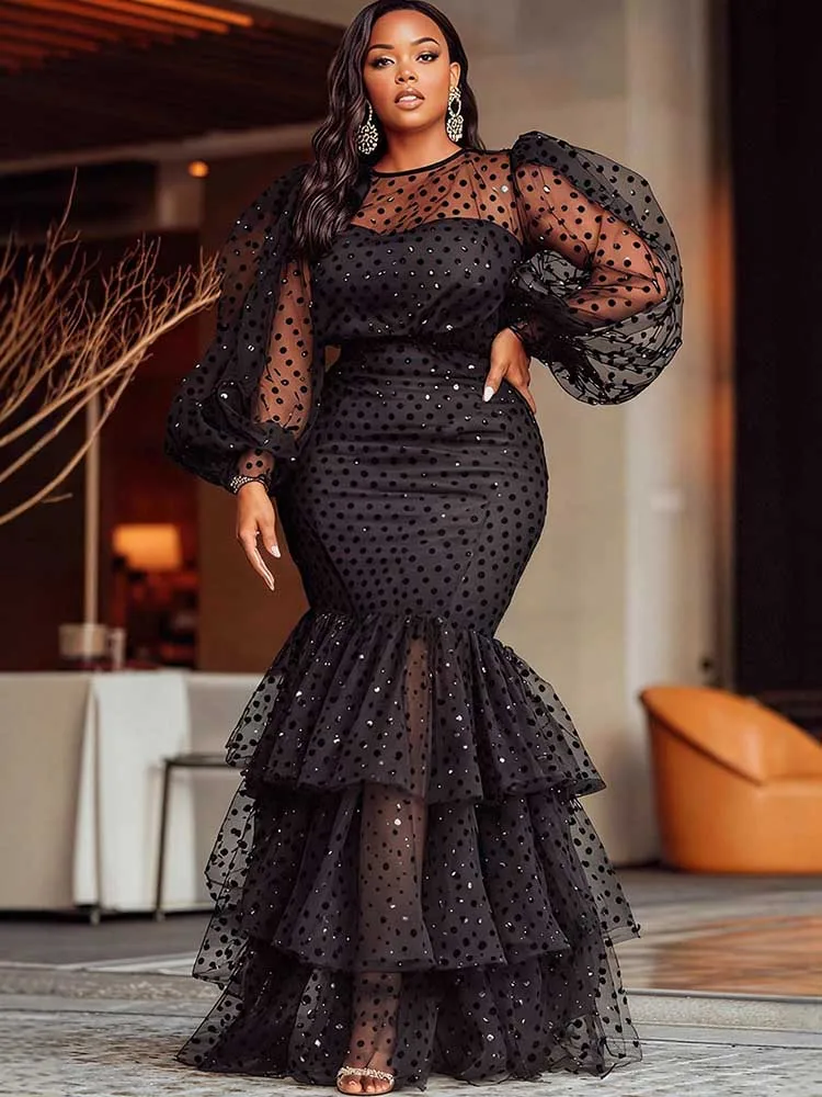 Vestidos sexy mulher reunindo empilhado ruched maxi sereia vestido dot malha puff manga longo vestido de festa preto plus size vestido gordinho