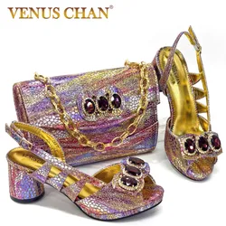 Venus Chan  Italian Shoes and Bags Matching Set 2024 Women Heel Party for Pink Colour Italian Design Wedding Bigger Size Shoes