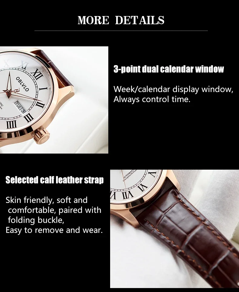 OBLVLO ผู้ชายนาฬิกาอัตโนมัติ 41 มม.นาฬิกาข้อมือ 5ATM กันน้ํา Sapphire Luminous Dual ปฏิทินวันที่สัปดาห์