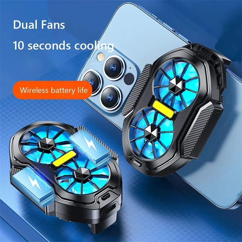 

Dual Fan Mobile Phone Cooler Plug-in/Rechargeable Cell Phone Cooling Fan Type-C with Blue Light for Android IOS PUBG Game Cooler