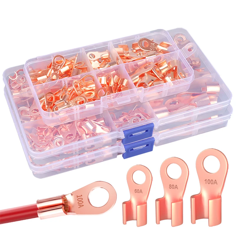 70/150 PCS OT Copper Ring Terminals 5A-200A Open Barrel Lug Connectors for Battery Cable Automotive Marine