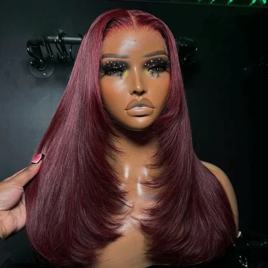 99j 버건디 레드 가발 레이어드 본 스트레이트 레이스 프론트 가발 13x4 HD 레이스 프론탈 가발 글루리스 프리플럭 데일리 착용 여성용