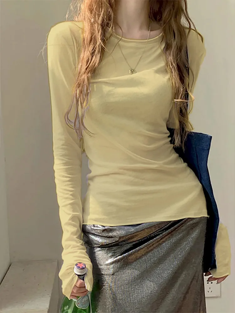 Image of Zjaiss 2026 Frühling Lässiger Stil Damen Langarm-T-Shirt Modisch Elegantes Unterhemd Basic-Oberteil mit Rollsaum Slim Fit Tee