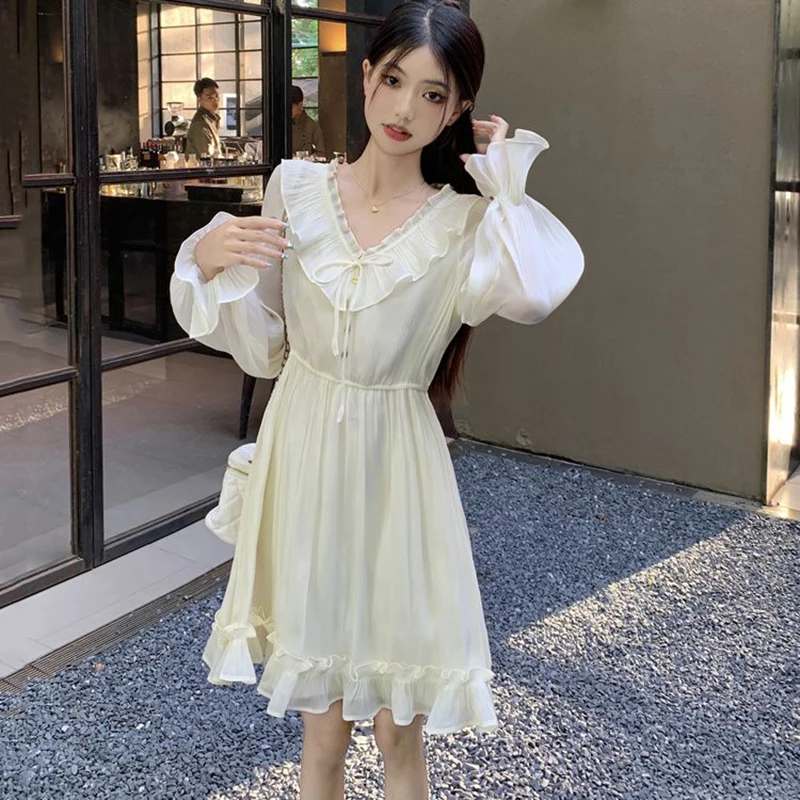 2026 Summer Gentle Style Long Sleeve V-neck Lace Up Dress for Women Fairycore Ruffled Slim Fit and Slimming Temperament Dress