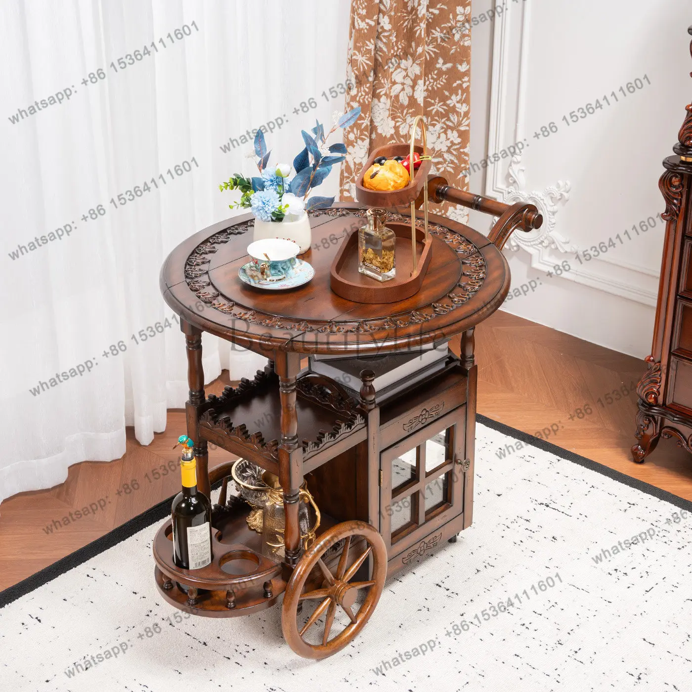 HOT new rubber solid wood push dining cart foldable mobile coffee table with wheels engraved