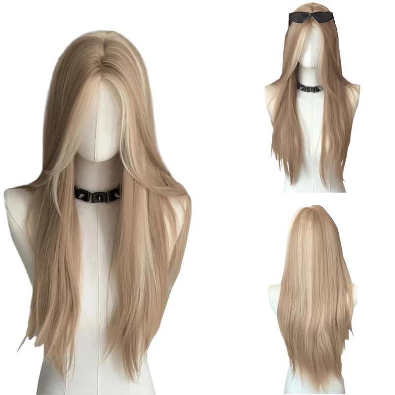 

A 24-Inch Straight Synthetic Hair Gold-Brown Highlight Lace Front Wig Is Suitable For Women Daily Parties And Halloween Cosplay