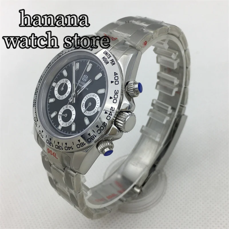 39 ミリメートル VK63 クォーツクロノグラフ腕時計男性用ブラックホワイトダイヤル発光 VK63 ムーブメントサファイアクリスタルステンレスブレスレット