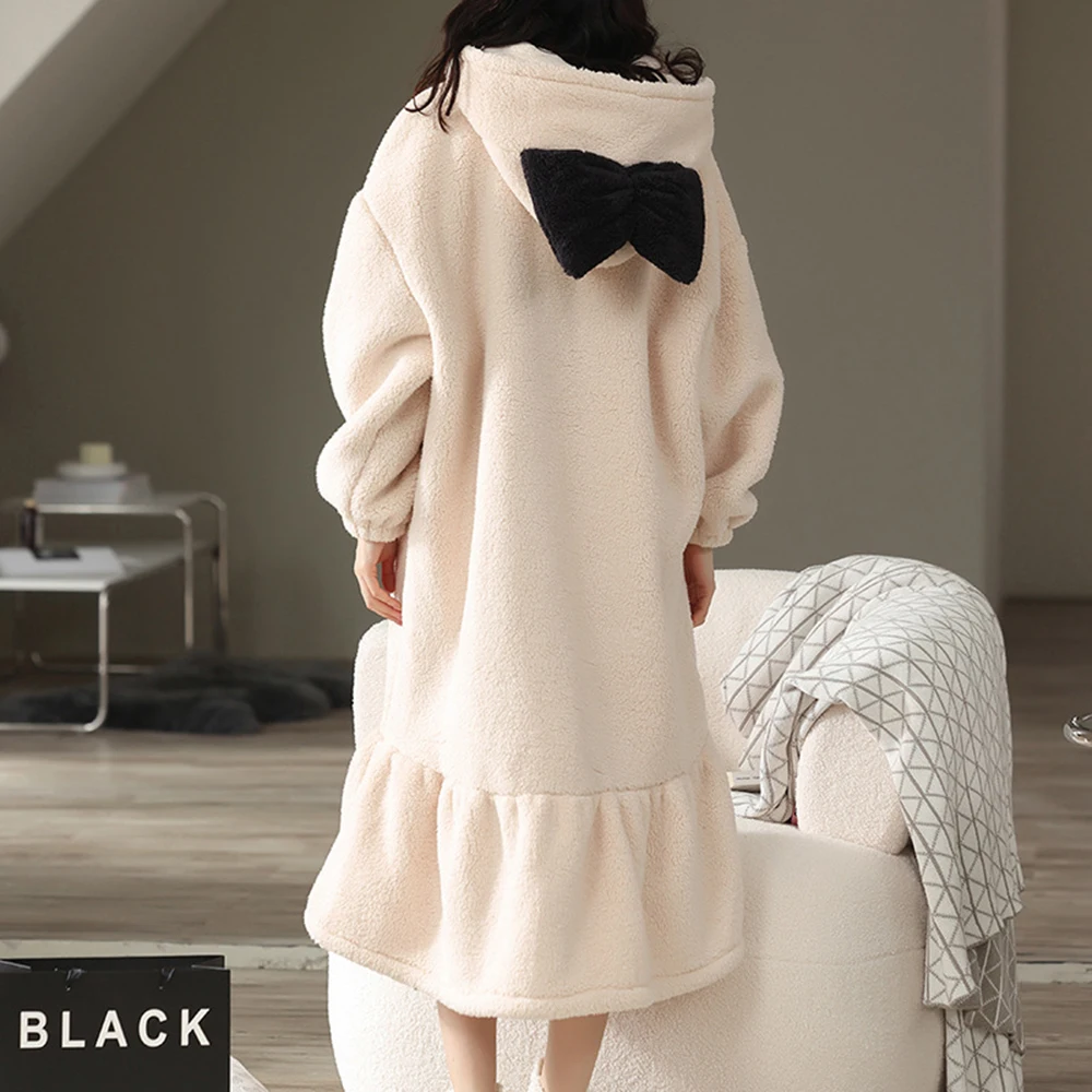 

Winter Flannel Sweet Bow Hooded Sleepshirts Female Warm Casual Loose Cozy Thicker Nightdress Kawaii Womens Nightgown Night Skirt