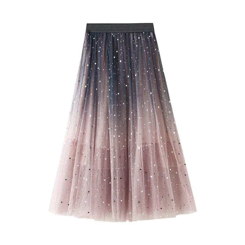 Fashion Women Skirt Star Sequins Gradient Color Multi Layered Mesh Tulle Skirt High Waist Pleated Mid Length Starry Sky  Skirt