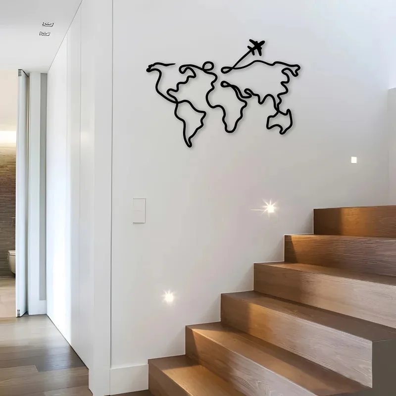 قطعة واحدة من نحت جدار معدني على طراز آرت ديكو، تصميم طائرة يطير حول العالم، فن جداري معدني حديث لغرفة المعيشة والمكتب