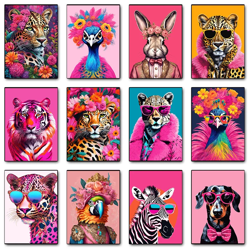 Botanical Leopard Flowers Leopard Fashion Colorful Pink Portrait Poster Print Wall Art Pictures Canvas Painting Room Home Dec