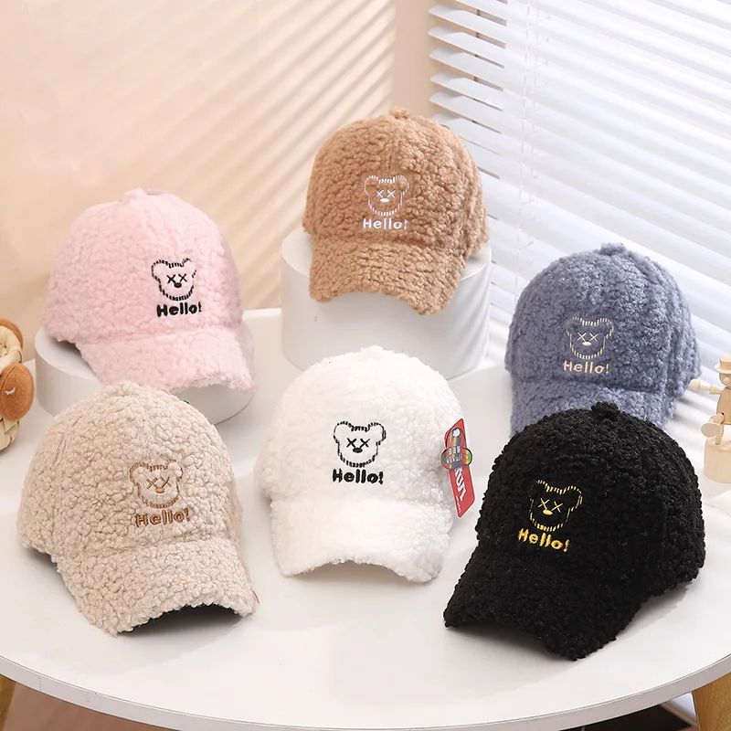 Doitbest 2023 Winter Boy Girl Cap Baseball Bear Cartoon Child Lamb Fluff Thicken Kids Child Peaked Caps Snapback Gorras