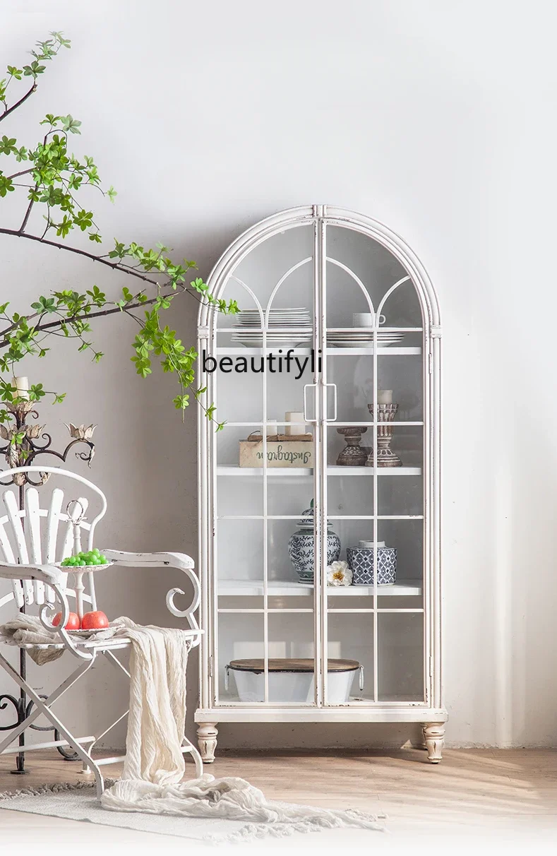 

French Retro Wine Cabinet Solid Wood Display Cabinet Living Room Locker Multi-Layer White Arch Bookcase