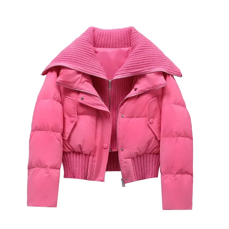 2024 New Women Winter Short Knitted Splicing Lapel Puffer Jackets Loose Casual Warm Outwear Female White Duck Down Coat