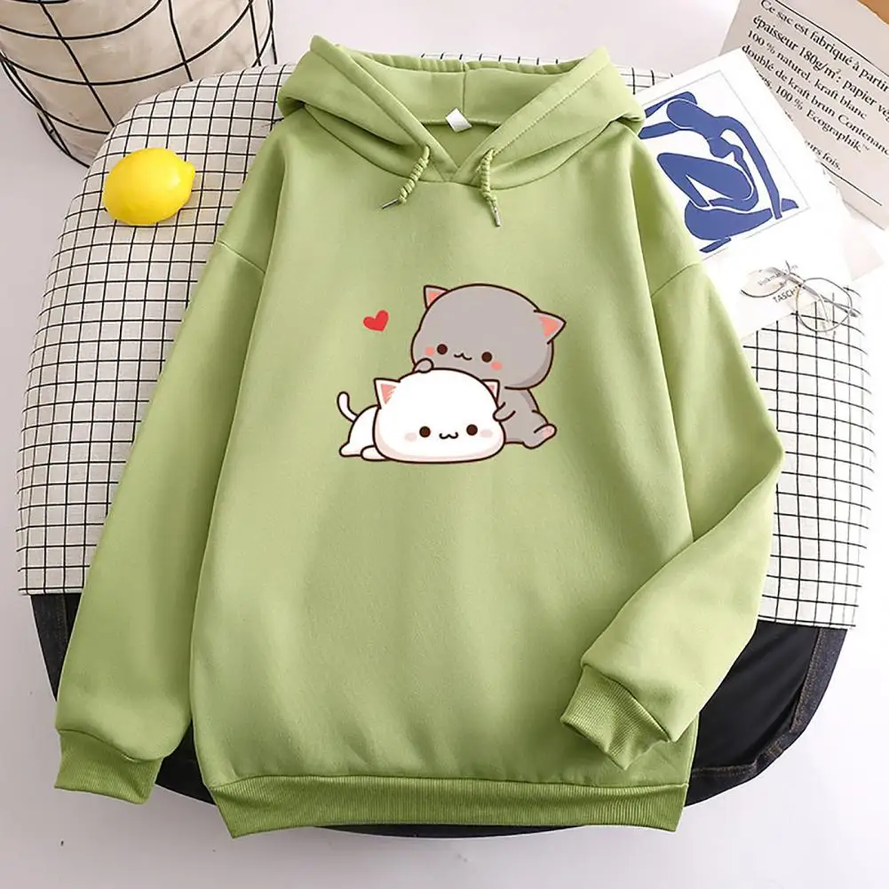 Soft Fleece Candy Color Autumn Hoodie Students Sweatshirt Cartoon Cat Print Drawstring Women Men Hoodies Korean Couple Hoodies