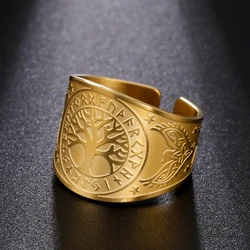 Dawapara Tree of Life Runes Circle Ring Norse Amulet Stainless Steel Religious Gift Paganism Jewelry for Men Women