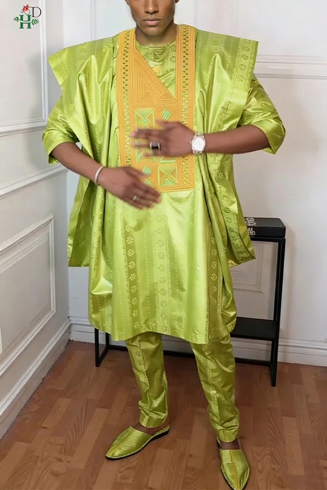 

H&D African Clothing For Men Traditional Bazin Riche Embroidery Design Top Long Sleeve Green 3 PCS Set Muslim Abayas Thobe 2026