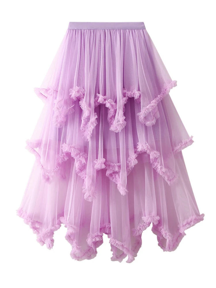 2024 New Fashion Women\'s Asymmetrical Tulle Ball Gown Skirt Casual Elegant High Waist Fairy Mesh A-line Skirts for Spring Summer