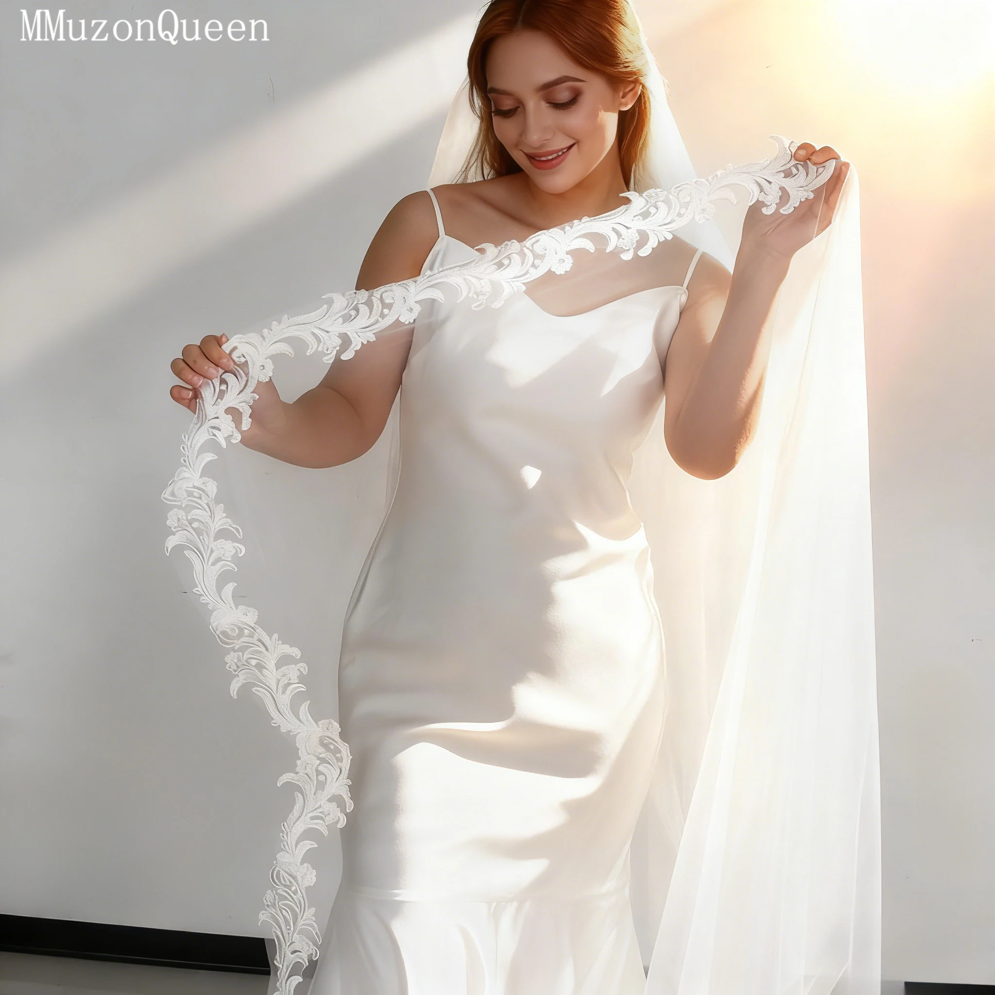 Topqueen sonhador véus de noiva comprimento catedral véu de casamento longo vieira renda guarnição edge1 camada mantilla española véu casamento v75