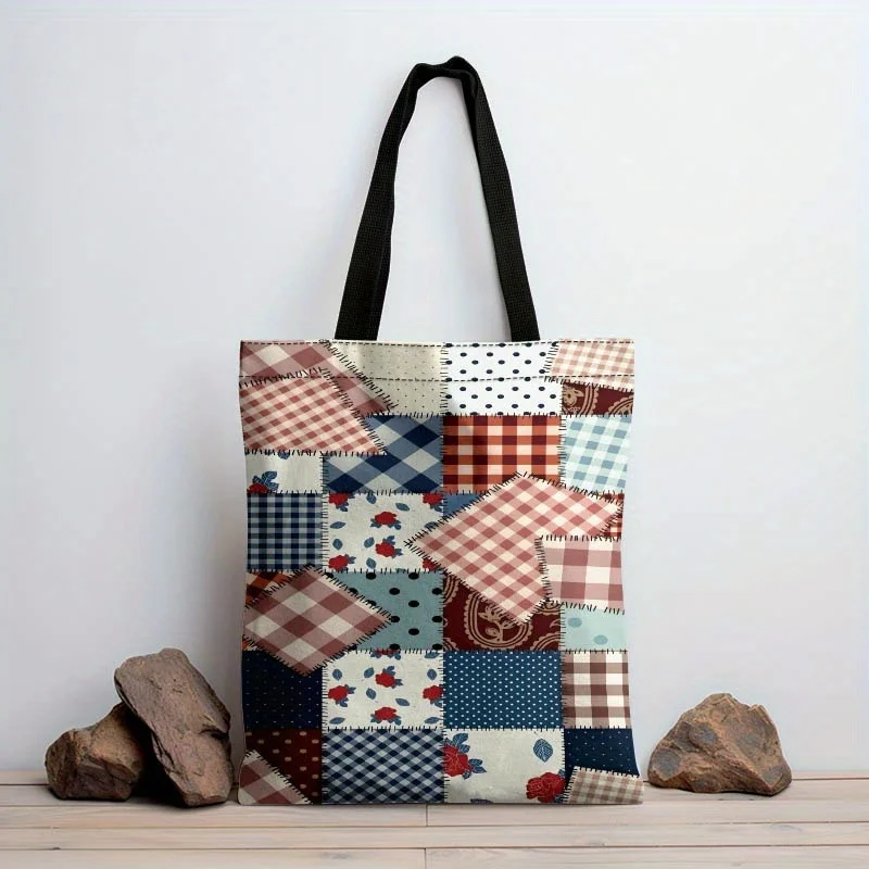 1pc Large Capacity Patchwork Tote Bag for Women - Stylish & Durable Shoulder Bag with Floral and Geometric Patterns Pouch