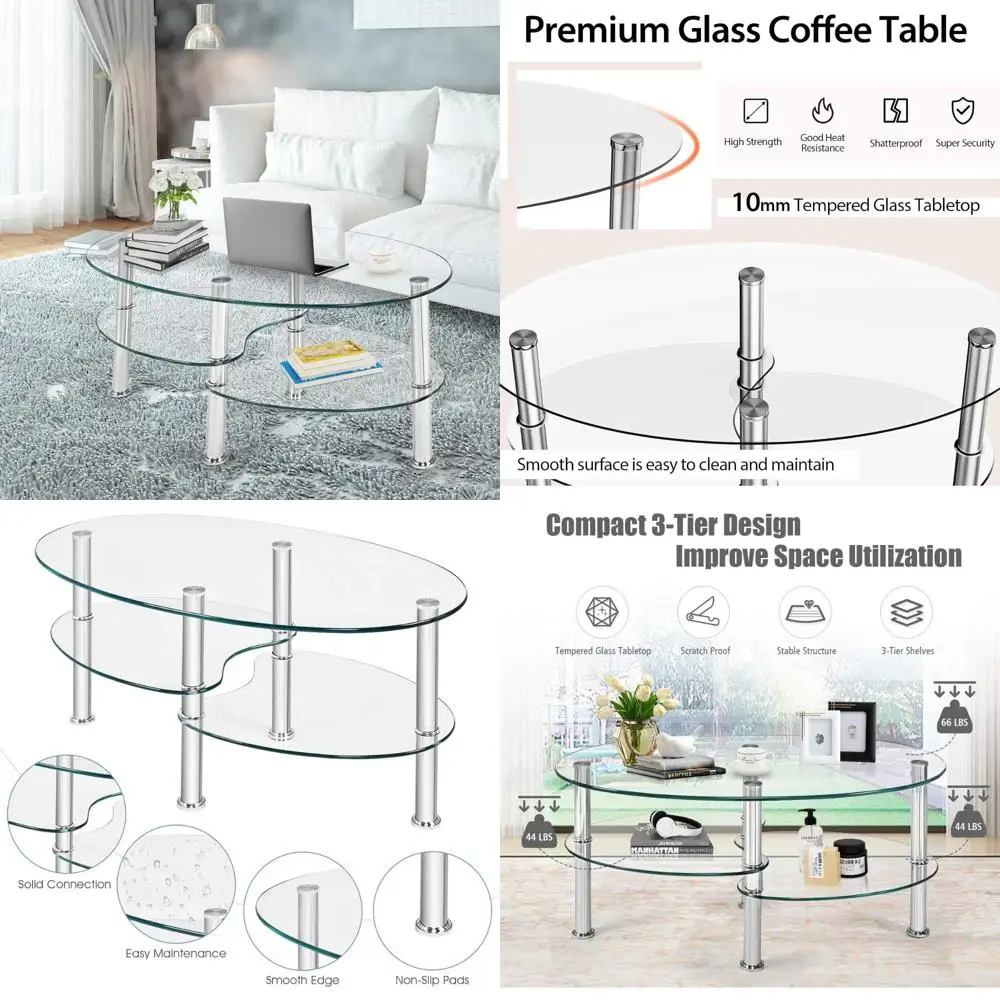 

Modern 3-Tier Oval Glass Coffee Table with Open Storage Shelf, Sturdy Structure, Ideal for Living Room and End Tables