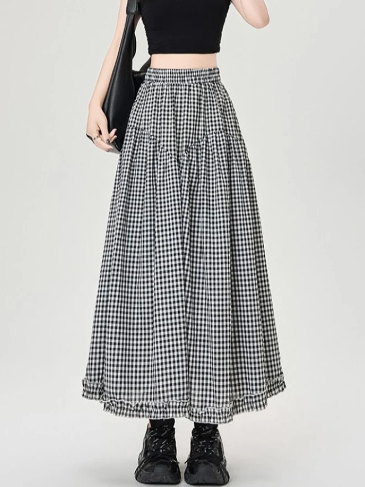 Vintage Plaid Long Skirts Women Loose Y2k High Waist A Line Skirts Japan Retro Casual All Match Black White Plaid Skirt New