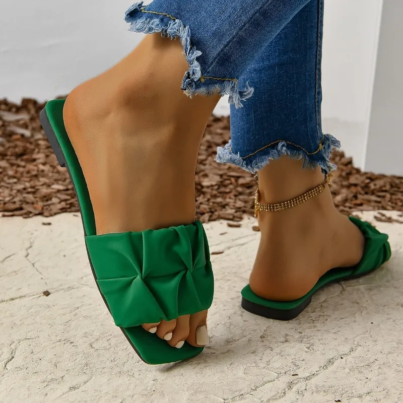 Summer Slippers for Women Flip Flops Flats 2024 New Pleated Korean Slippers Women Sandals Green Slip on Shoes Big Size 35-42