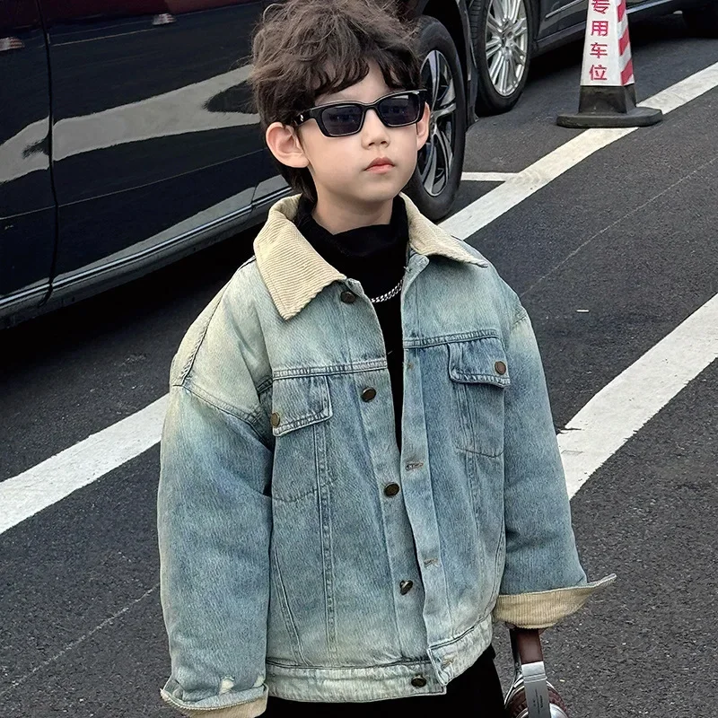 Children Clothing Fashion Casual Thickened Down Jacket 2024 Winter New Boys Handsome Personality Korean Style Warm Denim Jacket