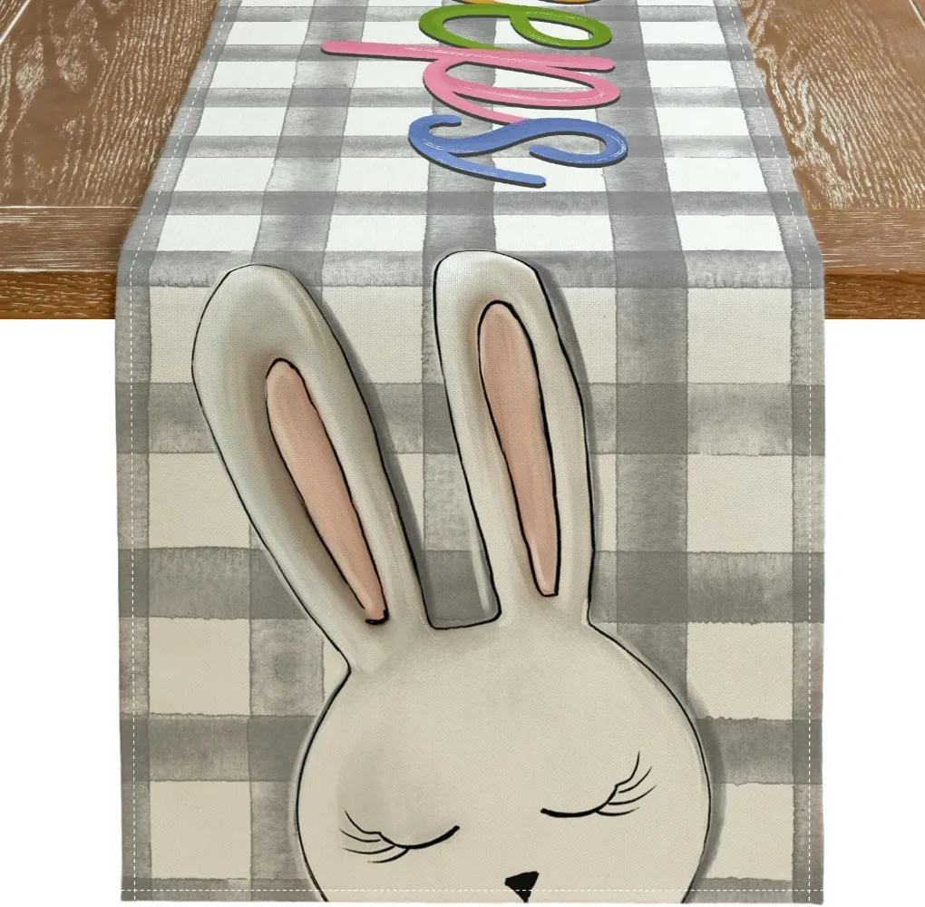 Easter Table Runner  Bunny Rabbit Hello Peeps Spring Holiday Farmhouse Buffalo Plaid Burlap Indoor Table Decorations for Home