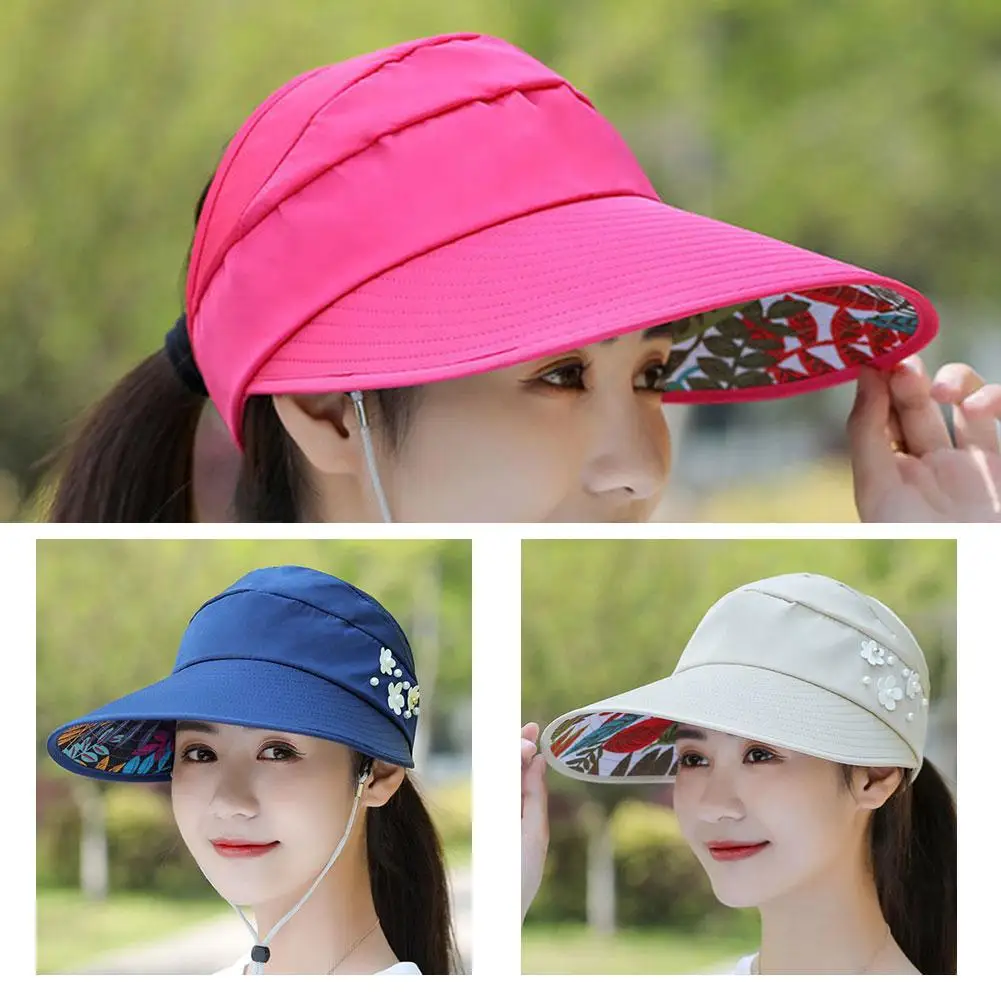 Women's Wide Eaves Summer Hat Sunshade Adjustable With Top Protection Empty Sun Collapsible Rope Sun With Hat Windproof T3R8