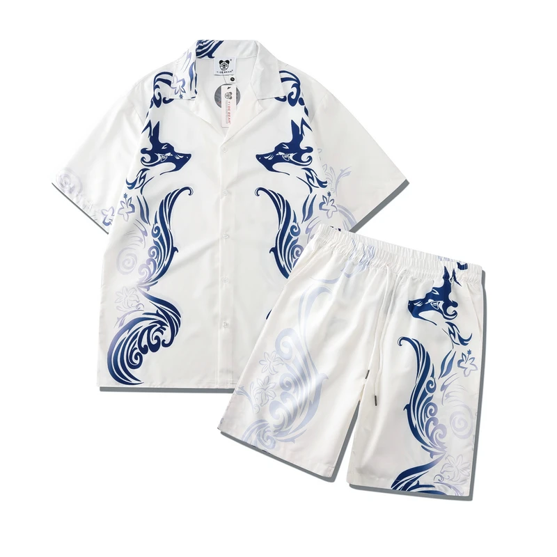 

Chinese Style Short Sleeve Hawaiian Shirts Summer Men's and Women's Two Pieces Beach Sets Oversized Casual Hip Hop Tracksuits